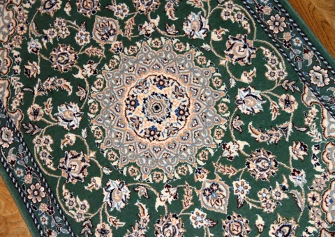 グリーン色の高級ペルシャ絨毯ナイン産玄関マット39491