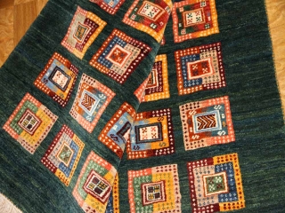 高級オリジナルイラン製ギャッベ、おしゃれチェス模様18841