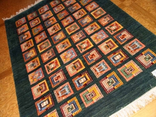 高級オリジナルイラン製ギャッベ、おしゃれチェス模様18841