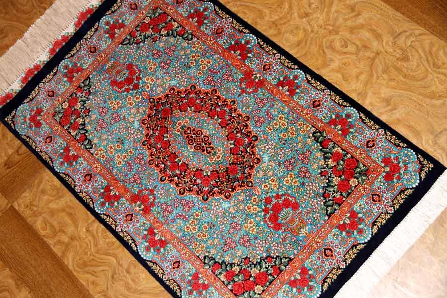 鮮やかなブルー色の玄関マットシルクペルシャ56039、blue silk carpet