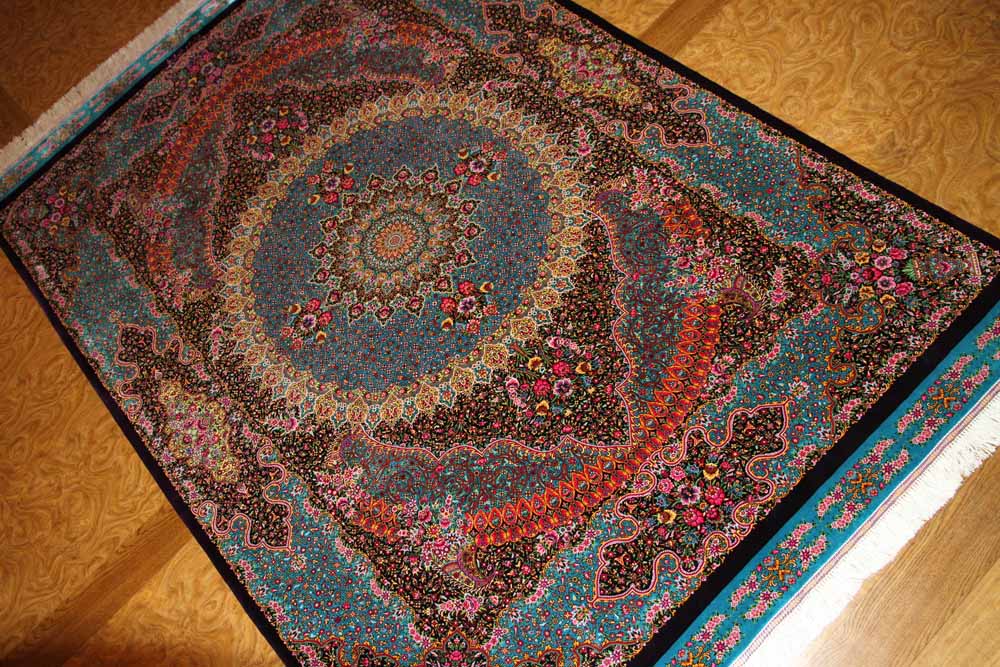 手織りペルシャ絨毯クムシルク有名工房ソファー前60015、JAMSHIDI工房