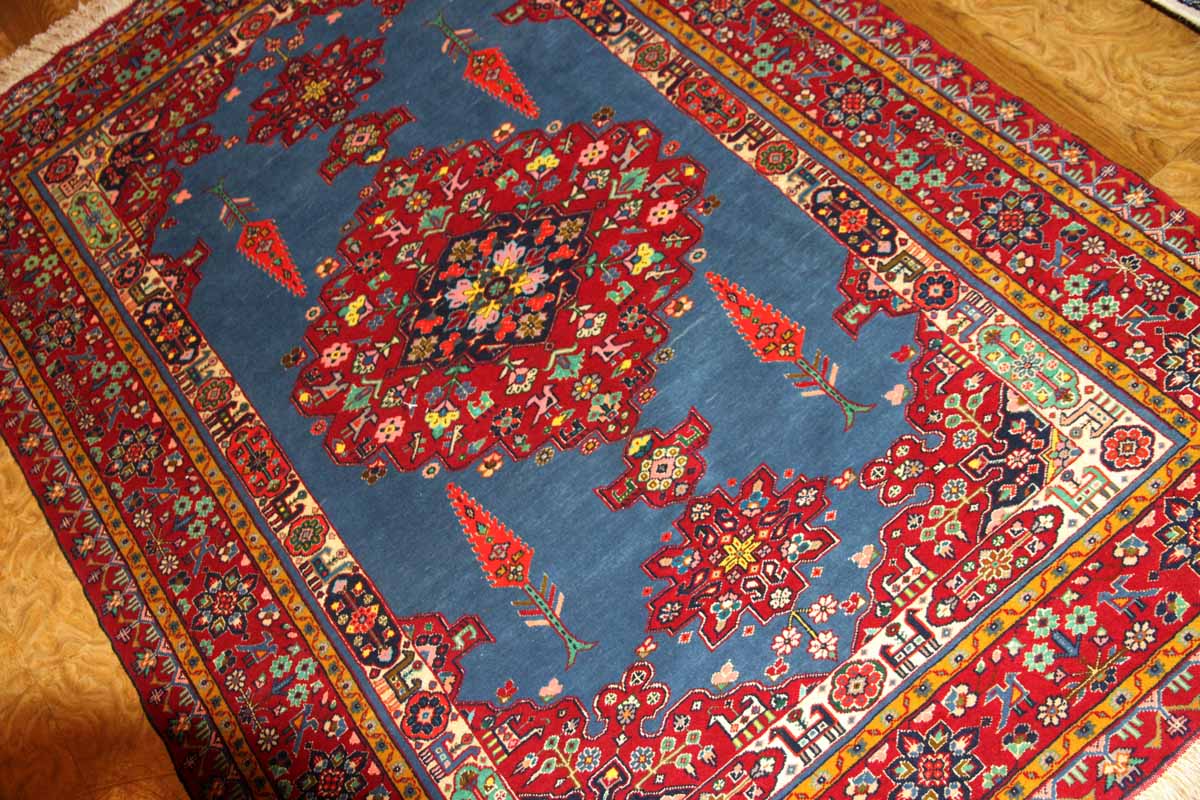 イラン製ペルシャ絨毯マシャード産ラグサイズブルー色26689