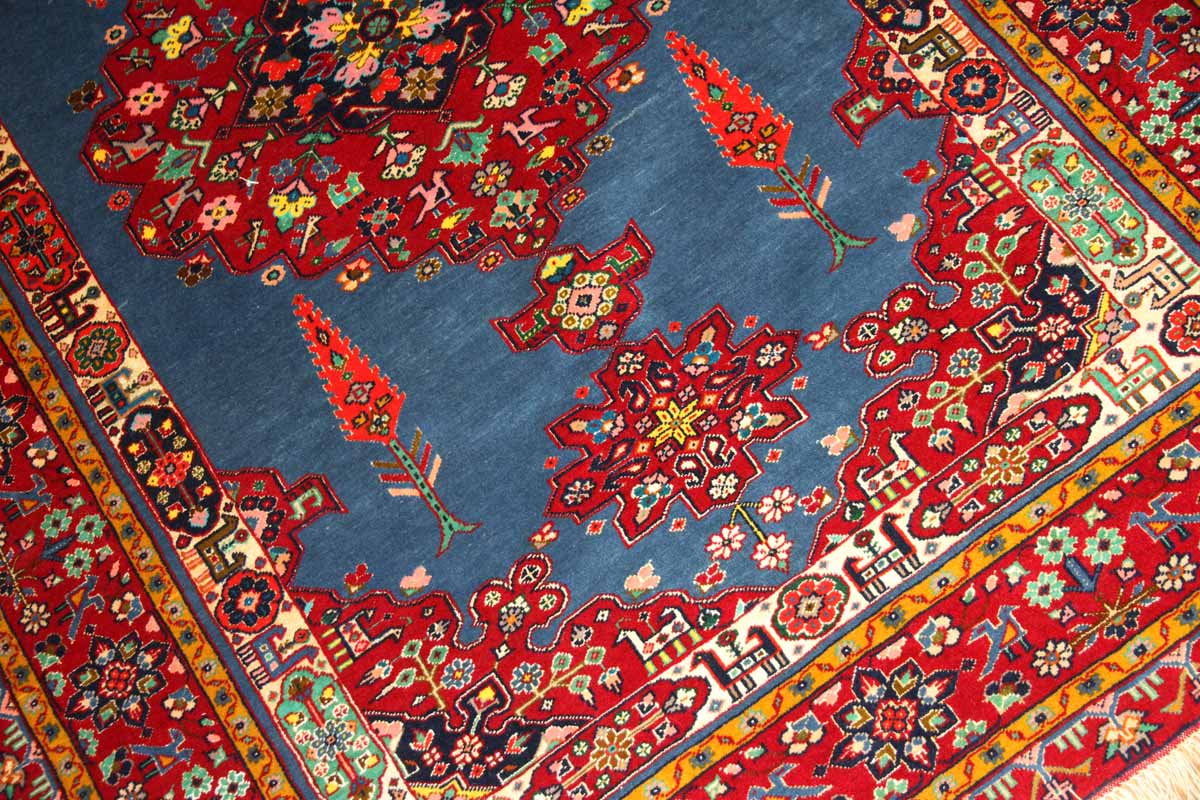 イラン製ペルシャ絨毯マシャード産ラグサイズブルー色