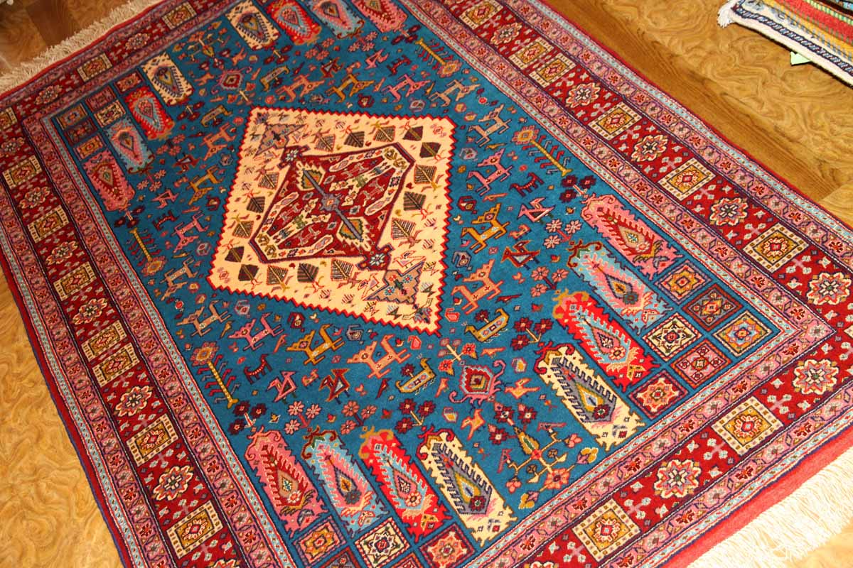 ペルシャ絨毯マシャード産ラグサイズブルー色