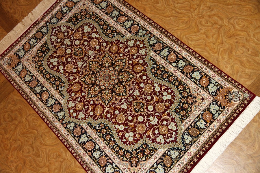 シルク 言いあい ペルシャ絨毯 クム産 高品質 90x60cm 手織り ラグ 玄関マット