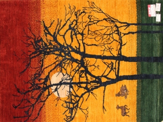 おしゃれ手織りペルシャギャッベソファー前のオレンジ色18105