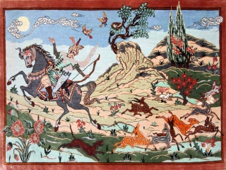 クムシルクのハンティングデザインペルシャ絨毯50013