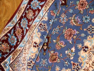 最高級手織りペルシャ絨毯イスファハン玄関マットブルー21113