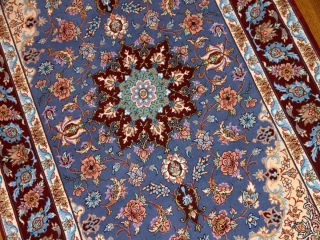 最高級手織りペルシャ絨毯イスファハン玄関マットブルー21113