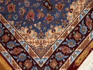 最高級手織りペルシャ絨毯イスファハン玄関マットブルー21113