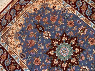 最高級手織りペルシャ絨毯イスファハン玄関マットブルー21113