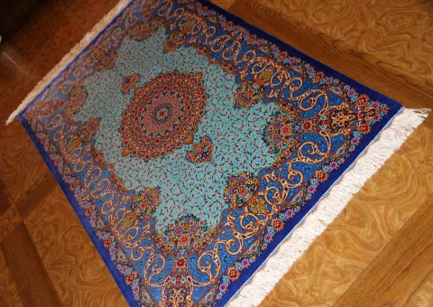 最高級手織りシルクペルシャ絨毯玄関マットクム248236