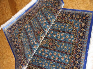 クムシルク手織りペルシャ絨毯ブルー色玄関マット401481