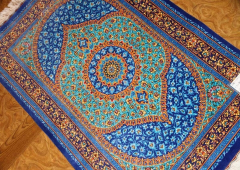 玄関マット手織りシルクペルシャ絨毯ブルー色44566