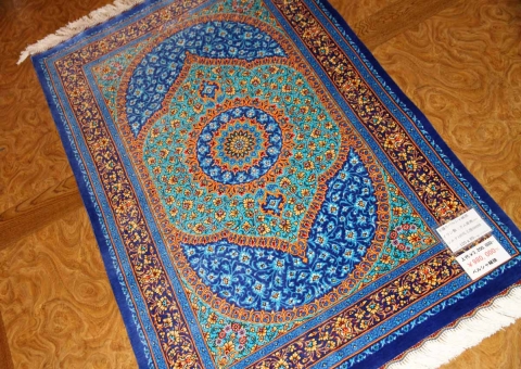 玄関マット手織りシルクペルシャ絨毯ブルー色44566