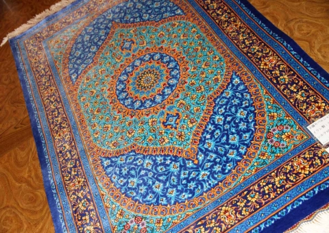 玄関マット手織りシルクペルシャ絨毯ブルー色44566