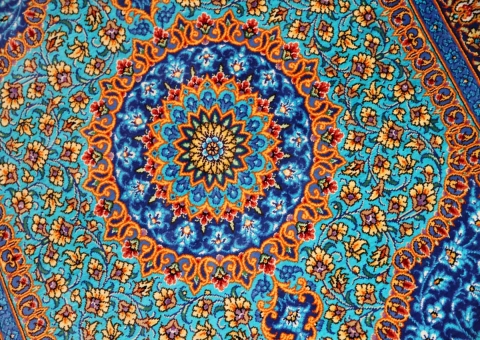 玄関マット手織りシルクペルシャ絨毯ブルー色44566