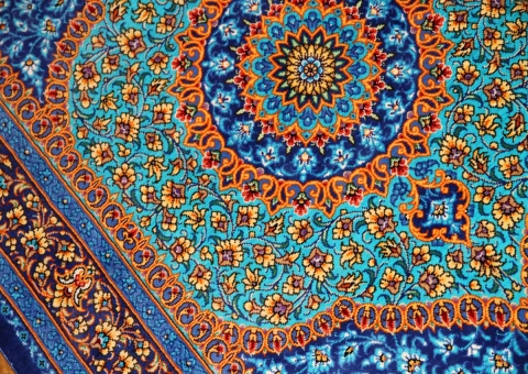 玄関マット手織りシルクペルシャ絨毯ブルー色44566