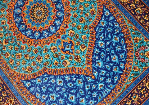 玄関マット手織りシルクペルシャ絨毯ブルー色44566