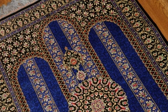 クムシルク手織りペルシャ絨毯ブルー色玄関マット146995