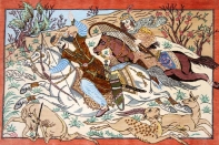 ペルシャ絨毯クムシルク小さいハンティング模様50014