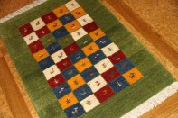 グリーンギャッベのチェスト模様の玄関マット手織り18865