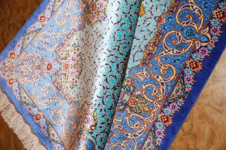 最高級手織りシルクペルシャ絨毯玄関マットクム248236