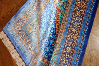 玄関マット手織りシルクペルシャ絨毯ブルー色44566