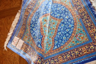 玄関マット手織りシルクペルシャ絨毯ブルー色44566