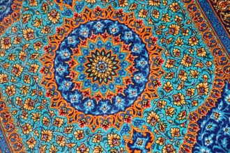 玄関マット手織りシルクペルシャ絨毯ブルー色44566