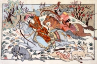 ミニペルシャ絨毯シルクハンティングデザイン50003